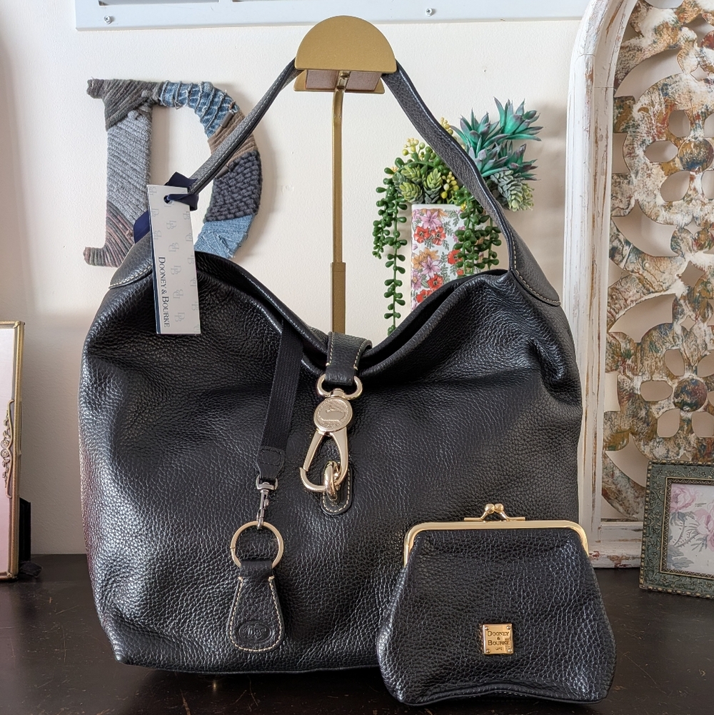 Dooney & Bourke Black Pebbled Leather Logo Lock Shoulder Bag + Coin Purse